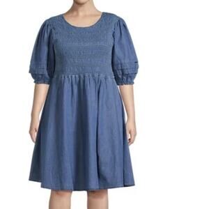 Terra And Sky Plus 4x Denim Smocked Puff Sleeve Dress